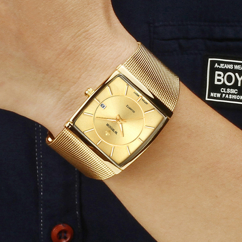 WWOOR Luxury Gold Watches For Men Square Quartz Watch Slim Steel Mesh Waterproof Date Wrist Watch Men Top Gift Relogio Masculino ► Photo 1/6