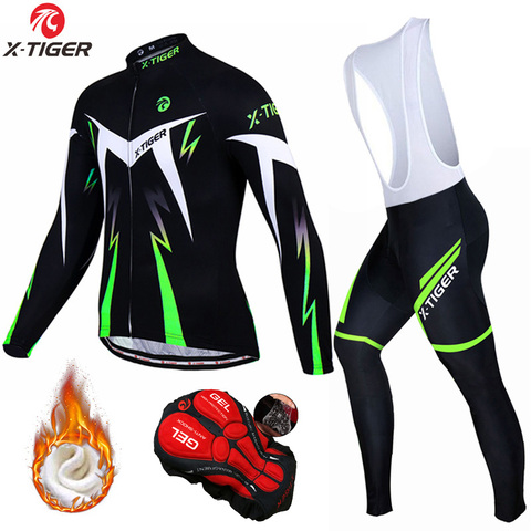 X-Tiger Cycling Jerseys Set 5D Gel Padded Bib Pants Winter Windproof Thermal Fleece Long Sleeve Coat Jacket Cycling Suits Set ► Photo 1/6