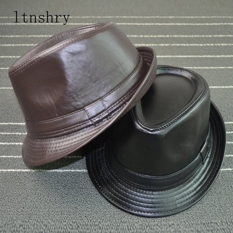 2022 Solid color Leather Man's hat Wide Brim Stetson Fedoras British Hats For Men/Women Gentman Black Fitted Jazz Hip-Pop Gorras ► Photo 1/6