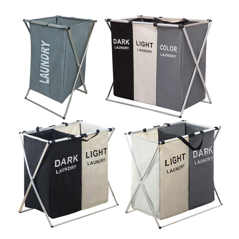 Laundry Hamper Sorter Aluminum  Basket with 3 Section, Thick Cotton & Linen, Mesh Bundle Pocket with Handles Collapsible ► Photo 1/6