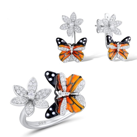 Bohemia Jewelry Sets For Women High Quality Enamel AAA Zircon Butterfly Flower Earrings Ring Eleant Bridal Wedding Jewelry Set ► Photo 1/5