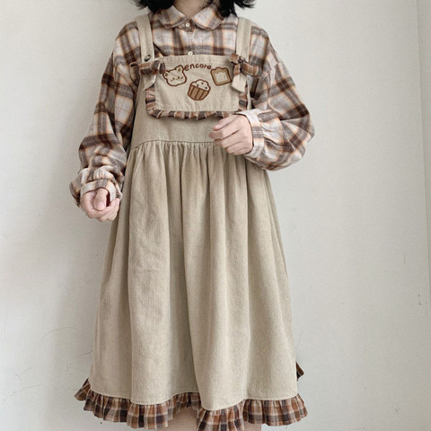 Himifashion Lolita Cute Bear Corduroy Overall Dress Women Girls Vintage Plaid Ruffle Harajuku Casual Kawaii Suspenders Dresses ► Photo 1/6