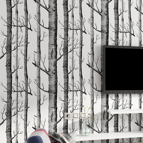 Rustic Wood Grain Not self-adhesive Wallpaper Black White Birch Tree Forest Wall Stickers Contact Paper Branches Trunk Wallpaper ► Photo 1/6