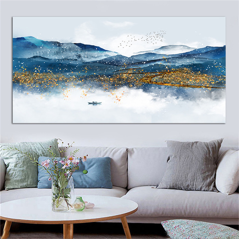 Chinese Blue and Golden Mountain Landscape Wall Art Painting Modern Abstract Cuadro Picture Art Vintage Home Decor Canvas Prints ► Photo 1/6