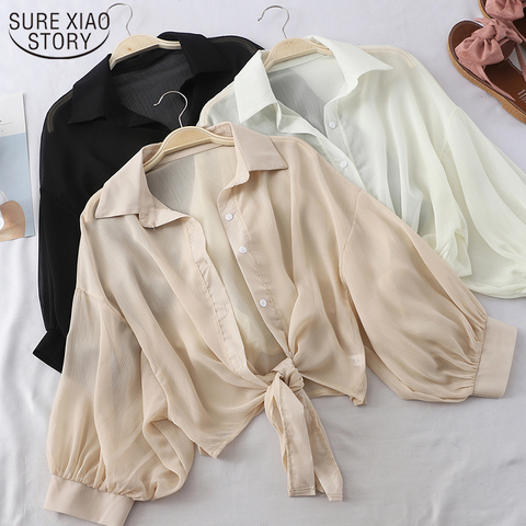 New 2022 Summer Half Sleeve Buttoned Up Shirt Loose Casual Blouse Chiffon Shirts Women Tied Waist Elegant Blouses for Women ► Photo 1/6