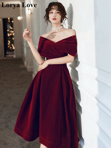 Burgundy Velour Prom Dresses 2022 Women Party Night Formal Long Evening Dress Elegant Wine Red Off The Shoulder Graduatin Gowns ► Photo 1/6