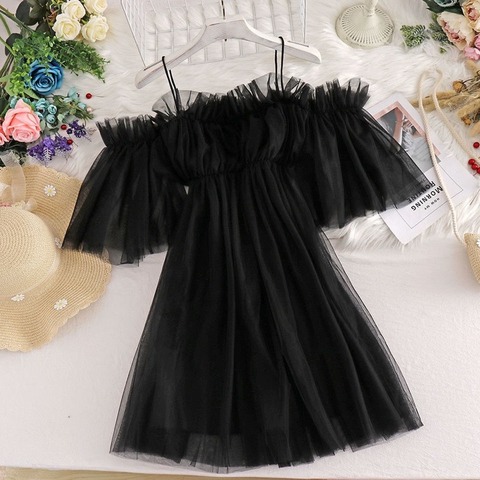 QWEEK Mesh Fairy Dress Women 2022 Fashion Sundress Summer Japanese Sweets Spaghetti Stap Slip Elegant Off Shoulder Dress Black ► Photo 1/6