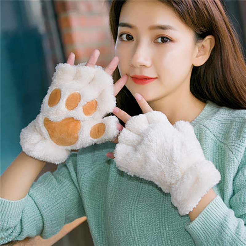 Womens Girls Animal Winter Hand Warmer Mittens Fingerless Fluffy Bear Gloves 