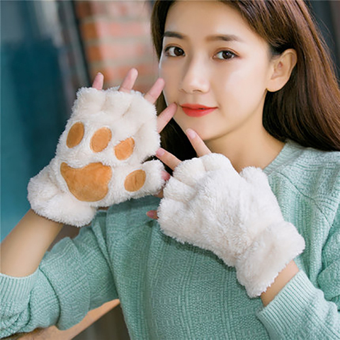 Women Bear Plush Cat Paw Claw Gloves Winter Faux Fur Cute Kitten