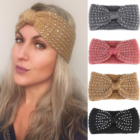 2022 New Winter Warmer Ear Knitted Headband Bow Rhinestone Headwear For Women Girls European Solid Turban Hair Band Head Warp ► Photo 1/6
