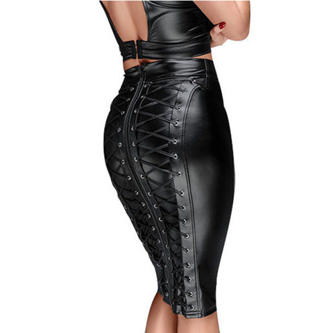 Gothic Wet look Black Faux Leather Skirt Sexy Punk Back Zipper Lace Up Wrap Pencil Skirt 2022 Summer Bodycon Mini Skirts Womens ► Photo 1/6