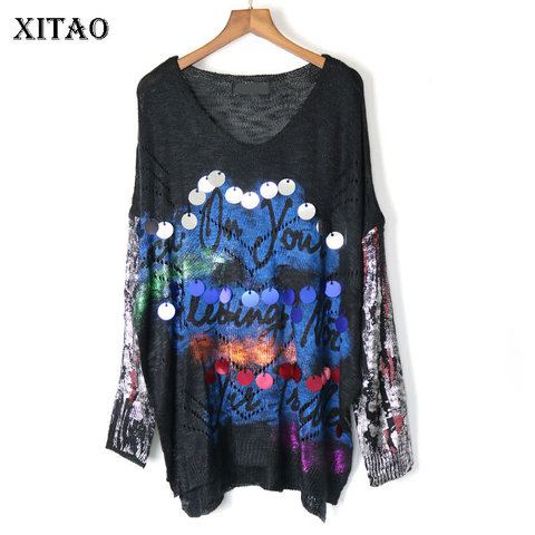 XITAO Thin Hollow Out Letter Sequin Sweater Women Clothes 2022 Fashion Vintage Loose Irregular V Neck Full Sleeve New WQR1962 ► Photo 1/6