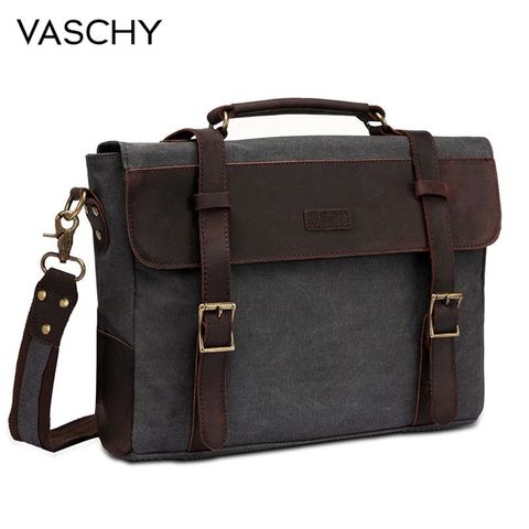 VASCHY Men Vintage Briefcase Genuine Leather Canvas Messenger Bag for Men Business Shoulder Bag Fits 14 inch Laptop Handbag ► Photo 1/6