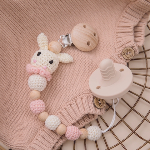 1pc Bunny Pacifier Chain Clip Wood Crochet Rabbit Teething Chain Baby Teether Soother Holder Newborn Product Baby Pacifier Clip ► Photo 1/6