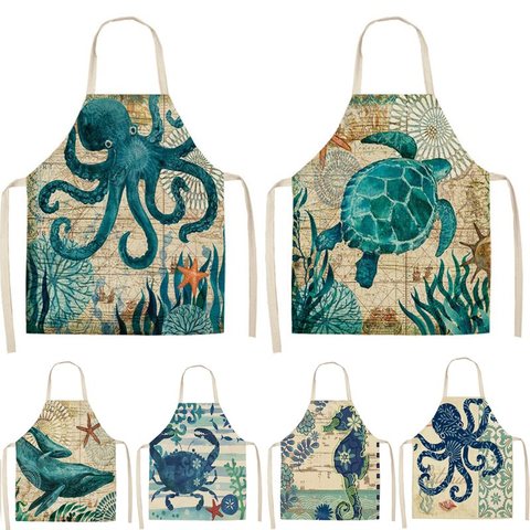 Turtle Fish Printed Kitchen Apron for Women Kids Sleeveless Cotton Linen Bibs Cooking Baking Cleaning Tools 53*65cm GT1299 ► Photo 1/6