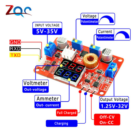 Max 5A Adjustable CC CV Step Down Receiver Charge Module Digital Voltmeter Ammeter Display LED Driver for Arduino Blue Red ► Photo 1/1