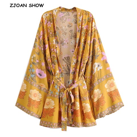 2022 New Women Bohemian Yellow V neck Flower Print Kimono Shirt Holiday Beach Tide Bow Sashes Mid Long Cardigan Blouse Tops ► Photo 1/6