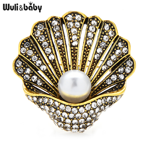 Wuli&baby Vintage Rhinestone Shell Brooch Women Unisex Pearl Shell Design Casual Office Brooch Pins Gifts ► Photo 1/1
