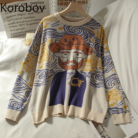 Korobov Harajuku Cartoon Women Sweaters Vintage O Neck Long Sleeve Female Pullovers 2022 Autumn New Chic Streetwear Sueter Mujer ► Photo 1/5