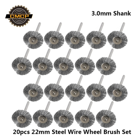 CMCP 20pcs 22mm Steel Wire Wheel Brush Set For Metal Polishing 3.0mm Shank Rotary Brush for Dremel Rotary Tool ► Photo 1/6