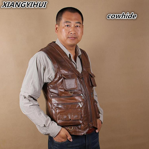 Brand Genuine Cow Leather Vest Mens Photography Vest With Many Pockets Brown Motorcycle Jacket Male Waistcoat 01 ► Photo 1/4