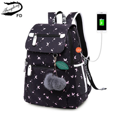 Fengdong female fashion school backpack usb school bags for girls black backpack plush ball girl schoolbag butterfly decoration ► Photo 1/6