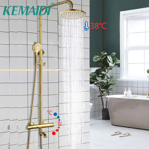 KEMAIDI Bathroom Thermostatic Bathtub Shower Faucet Golden Plated  Rainfall 3 Ways Shower Head Mixer Shower Faucets Set ► Photo 1/6
