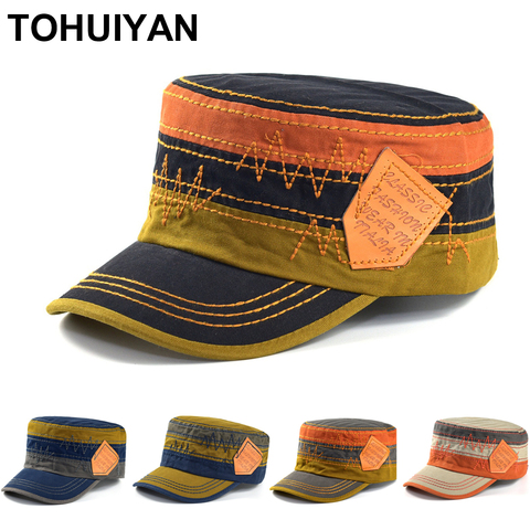 TOHUIYAN New Classic Mens Flat Top Cap Cadet Patrol Bush Hat 100% Washed Cotton Army Caps For Women Fall Summer Military Hats ► Photo 1/6