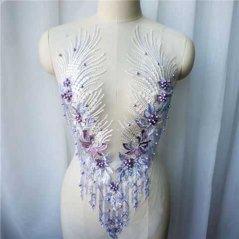 Purple Lace Fabric Flower Tassel Beads Rhinestone Embroidered Gown Appliques Collar Mesh Sew Patch For Wedding Decoration DIY ► Photo 1/6