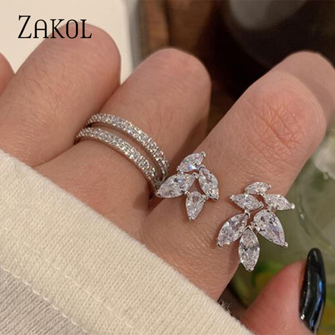 ZAKOL Temperament Daily Party Hand Finger Jewelry Shiny Zircon Leaf Drop Crystal Opening Metal Rings for Women FSRP2194 ► Photo 1/6