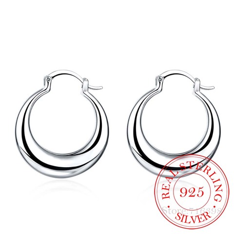 Personality Hyperbole 100% 925 Sterling Silver Simple Smooth Moon Big Hoop Earrings For Women Sterling-Silver-Jewelry Pendientes ► Photo 1/6