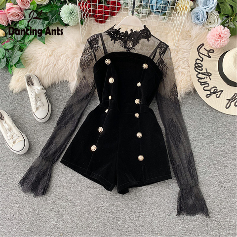 Jumpsuit Women Romper Long Sleeve Bodysuit Lace Patchwork Velvet Jumpsuit Hollow Out Embroidery Women Clothes One Piece Outfit ► Photo 1/5