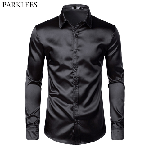 Men's Black Satin Luxury Dress Shirts 2022 Silk Smooth Men Tuxedo Shirt Slim Fit Wedding Party Prom Casual Shirt Chemise Homme ► Photo 1/6