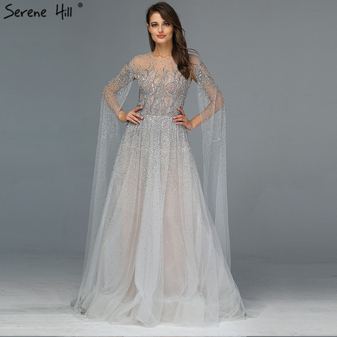 Silver Grey Luxury Long Sleeves Evening Dresses 2022  O-Neck A-Line Sexy Evening Gowns Serene Hill LA60869 ► Photo 1/6