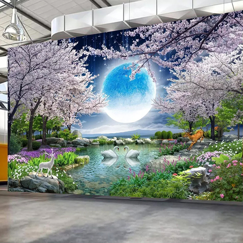 Custom Mural Wall Paper Moon Cherry Blossom Tree Nature Landscape Wall Painting Living Room Bedroom Photo Wallpaper Home Decor ► Photo 1/1