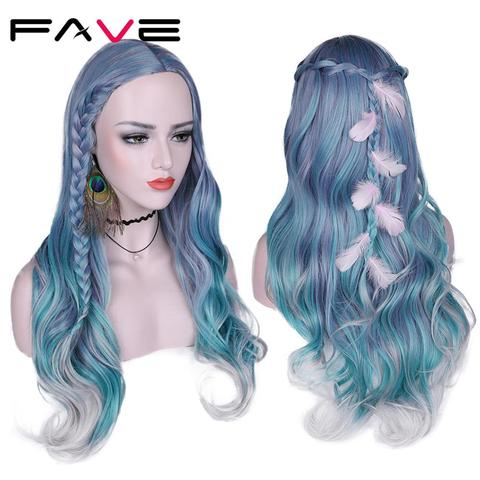 FAVE Hair Mixed Violet Blue Green Light Gray Color Heat Resistant Fiber Long Wavy Synthetic Wigs For Women Middle Part Party Wig ► Photo 1/6