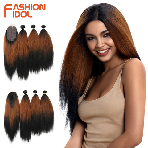 FASHION IDOL 18-22 Inch Yaki Straight Hair Bundles 6 Inch Lace Front With Closure Weave Hair Ombre Brown Golden Hair Extension ► Photo 1/6