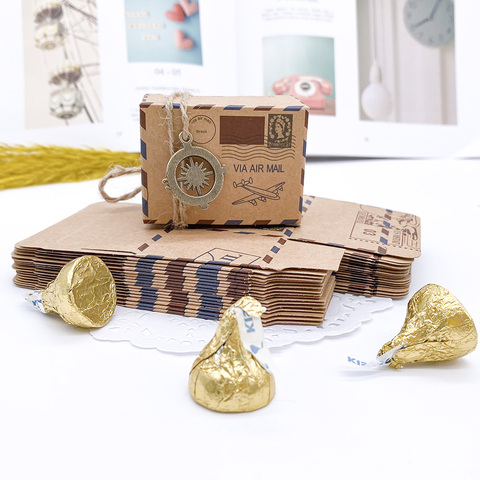 50 Pcs Vintage Favors Candy Box Kraft Paper Travel Theme Airplane Air Mail Boxes With Compass Hanging Wedding Party Souvenirs ► Photo 1/6