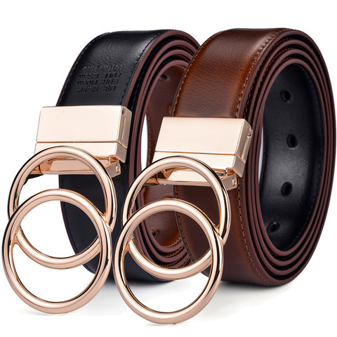 Beltox Women Reversible Leather Belt 2 in 1 Rotated 2 Rings Gold Buckle 3.4cm Wide ► Photo 1/6