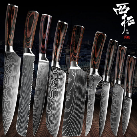 XITUO Kitchen Knives 10 pcs knife set Chef Japanese Knife Laser Damascus Pattern knives Meat Cleaver Slicing Chopping Santoku ► Photo 1/6
