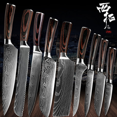 1-10PCS kitchen knives Set Laser Damascus pattern chef knife Sharp