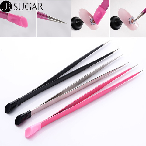 Nail Tweezers with Silicone Pressing Head for Sticker Rhinestones Picker Straight Curved Manicuree Nail Art Tool Stainless Steel ► Photo 1/6