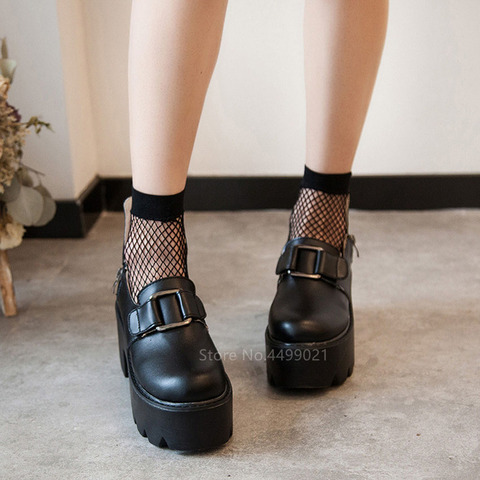 Japanese College Mori Girl Jk Uniform PU Leatehr Girl Platform Black Harajuku Lolita Gothic Round Head Mary Jane Strap Shoes ► Photo 1/6