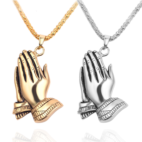 Gold Silver Color Praying Hands Pendant Necklaces Jewelery Long Chain kolye Hip Hop Necklace Men For Family Gjfts ► Photo 1/6
