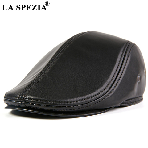 LA SPEZIA Black Men Flat Cap Sheepskin Real Leather Men's Gatsby Cap High Quality Autumn Winer Earflaps Men's Duckbill Ivy Cap ► Photo 1/6