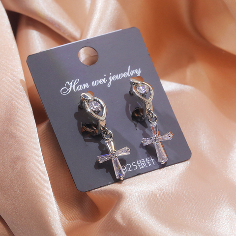 JUWANG 2022 New Fashion Luxury Hook Earrings Jewelry Silver Color Crystal Cross Dangle Earrings For Women Party Decoration ► Photo 1/6
