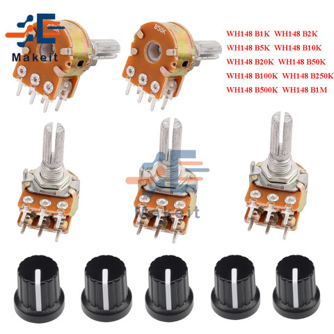 5Pcs/lot 6Pin Potentiometer Resistor WH148 1K 2K 5K 10K 20K 50K 100K 250K 500K 1M Ohm Linear Taper Rotary Potentiometer with Cap ► Photo 1/6