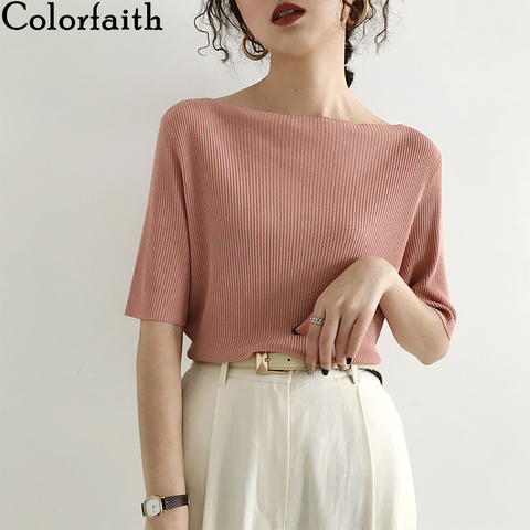 Colorfaith New 2022 Women Summer T-Shirts Solid Multi 6 Colors Bottoming Casual Slash Neck Knitting Elasticity Wild Tops T1608 ► Photo 1/6