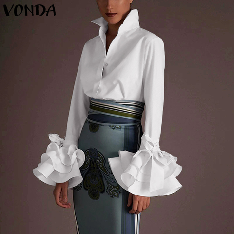 New Women Shirts VONDA 2022 Spring Summer Sexy Turn-down Collar Flare Sleeve Party Tops Office Blouse Casual Plus Size Blusas ► Photo 1/6