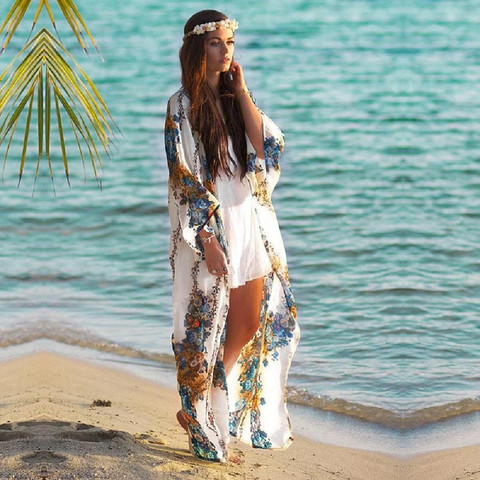 Beach Cover up Tunics for Beach Print Chiffon Long Kaftan Bikini Cover up Robe de Plage Sarong Beach Wrap Swimsuit coverup #Q608 ► Photo 1/1